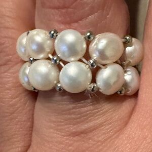 Stretch Woven white cultured freshwater pearl sterling silver bead ring